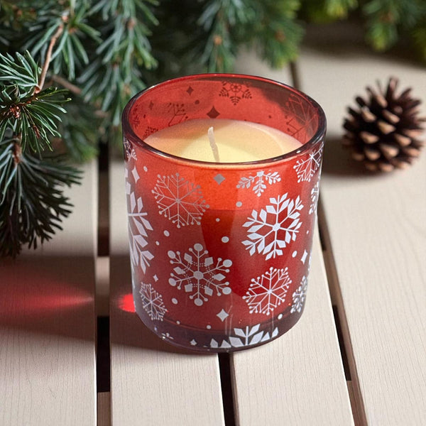 Vela Navideña en frasco de Vidrio Copo Roja