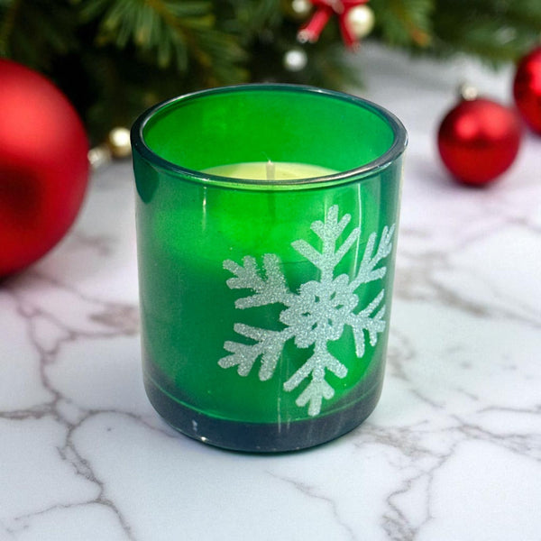 Vela Navideña en frasco de Vidrio Copo Verde