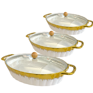 Set de Refractarios con Tapa y borde Franja Dorado 3 Piezas