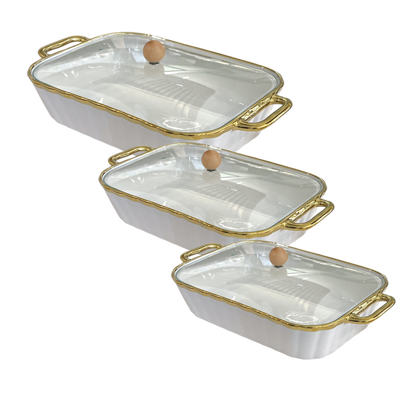 Set de Refractarios con Tapa y borde Linea Dorado 3 Piezas