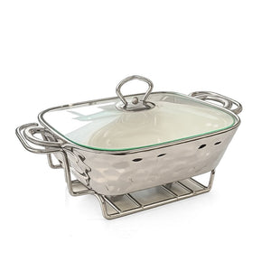 Refractario Pequeño con Tapa y Rack Calentador PLATA CROMA