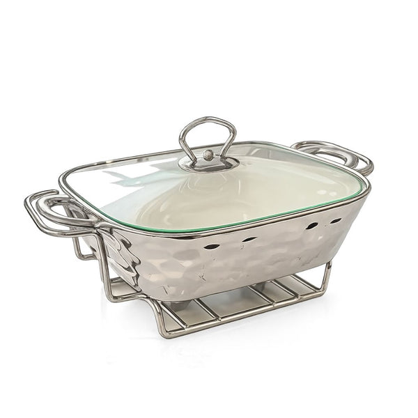 Refractario Pequeño con Tapa y Rack Calentador PLATA CROMA
