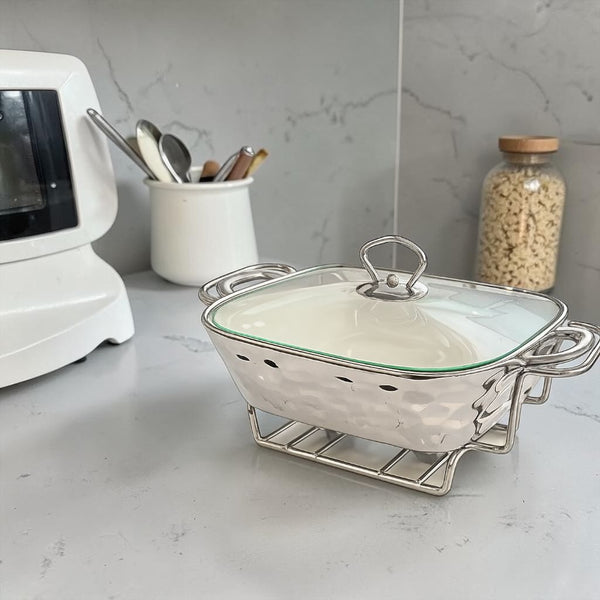 Refractario Pequeño con Tapa y Rack Calentador PLATA CROMA