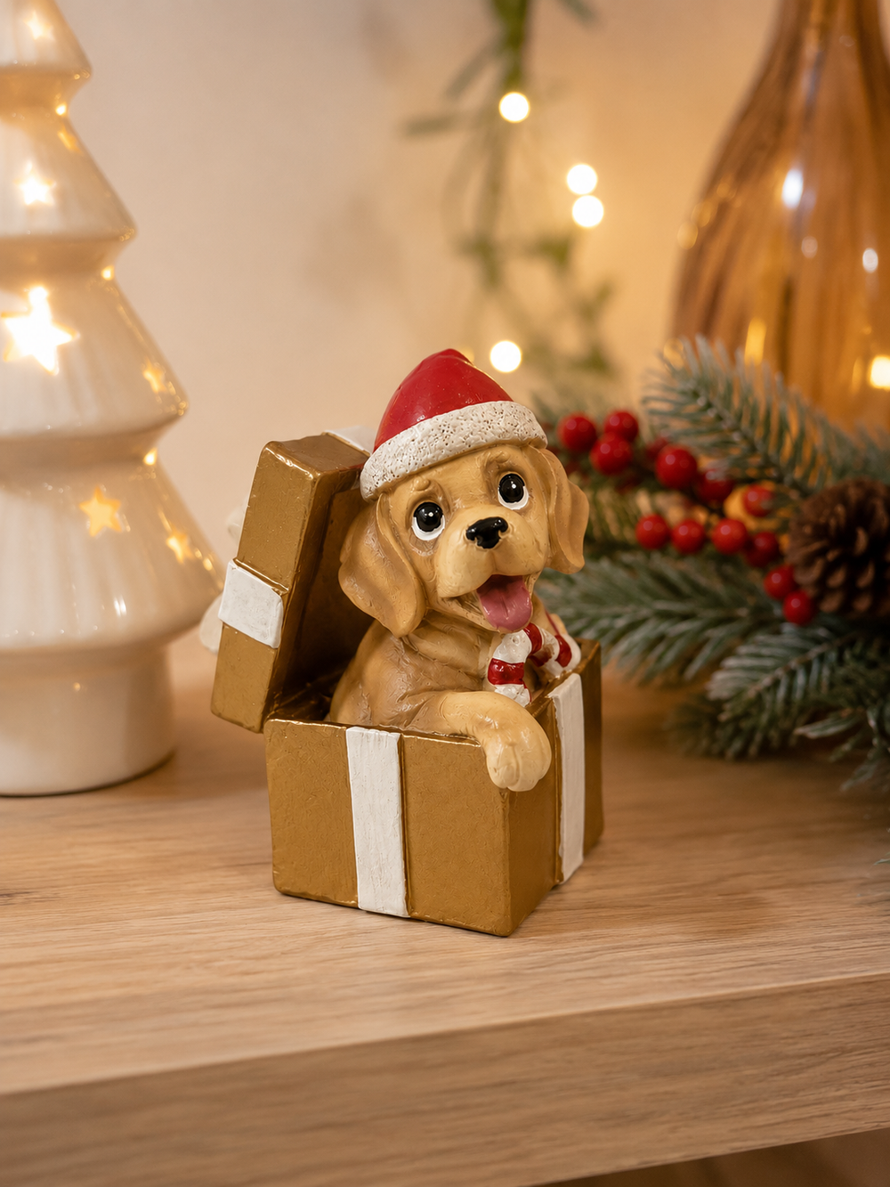 Adorno Perrito Navideño Dorado