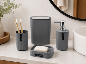Set Organizador de Baño 4 Piezas con Mini Tacho de Tocador Plomo