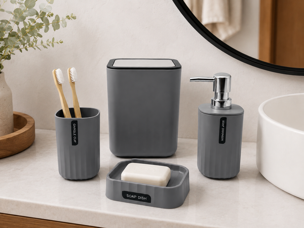 Set Organizador de Baño 4 Piezas con Mini Tacho de Tocador Plomo