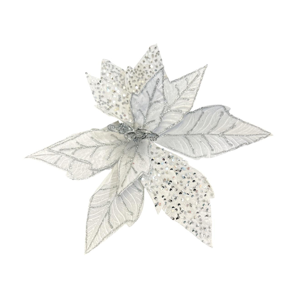 Flor de Terciopelo Larga con Lentejuelas BLANCA 50CM