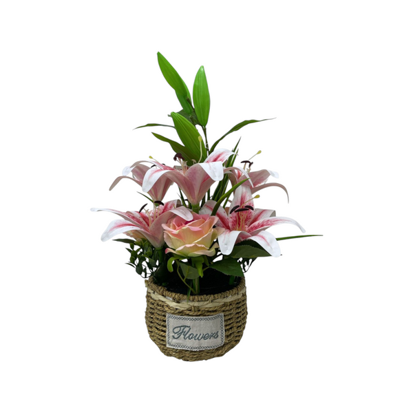 Arreglo Cesta Artificial LIRIOS/ROSAS Rosado