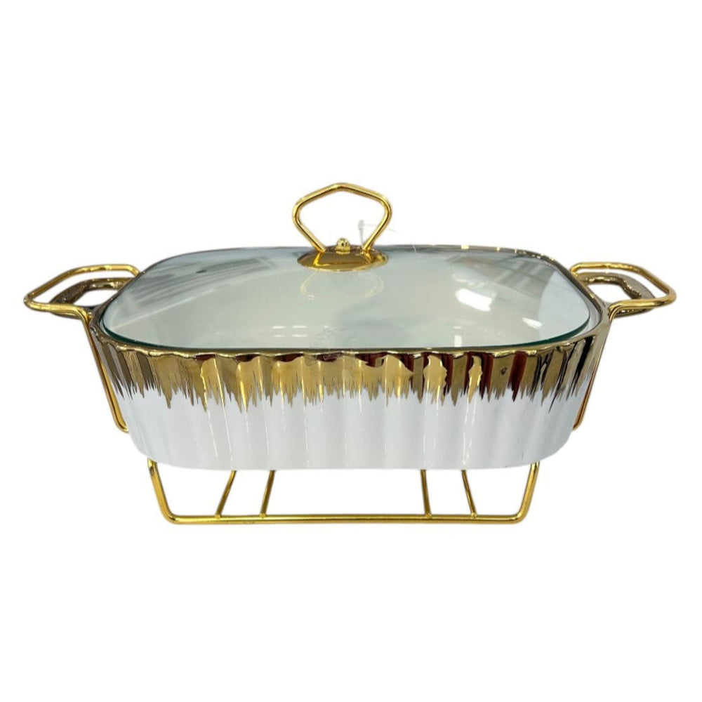 Fuente con Tapa y Calentador BLANCO & DORADO