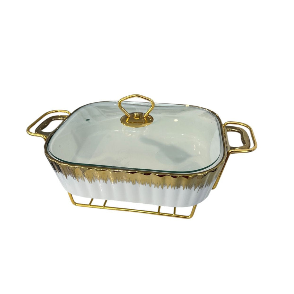 Fuente con Tapa y Calentador BLANCO & DORADO