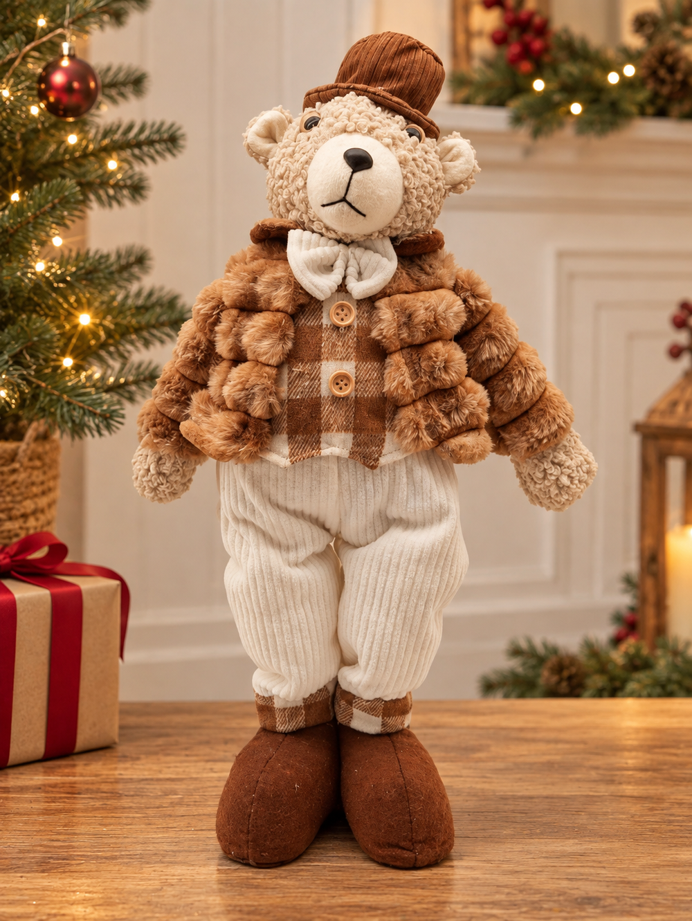 Oso Navideño Beige con Gorro y Bufanda