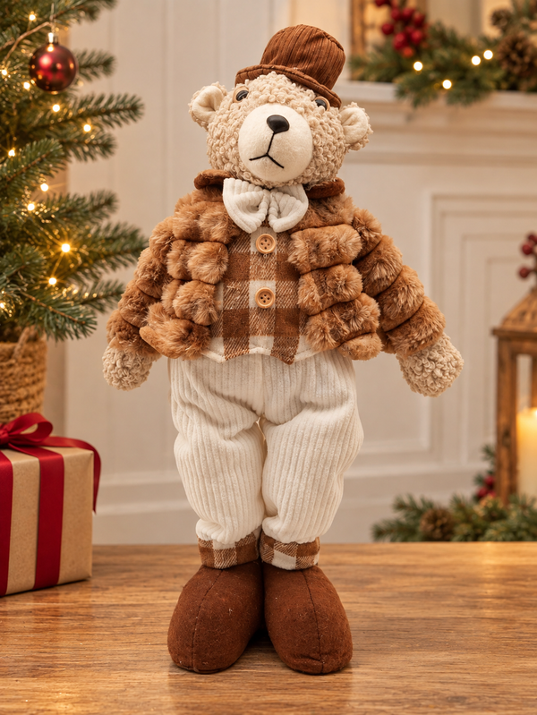 Oso Navideño Beige con Gorro y Bufanda