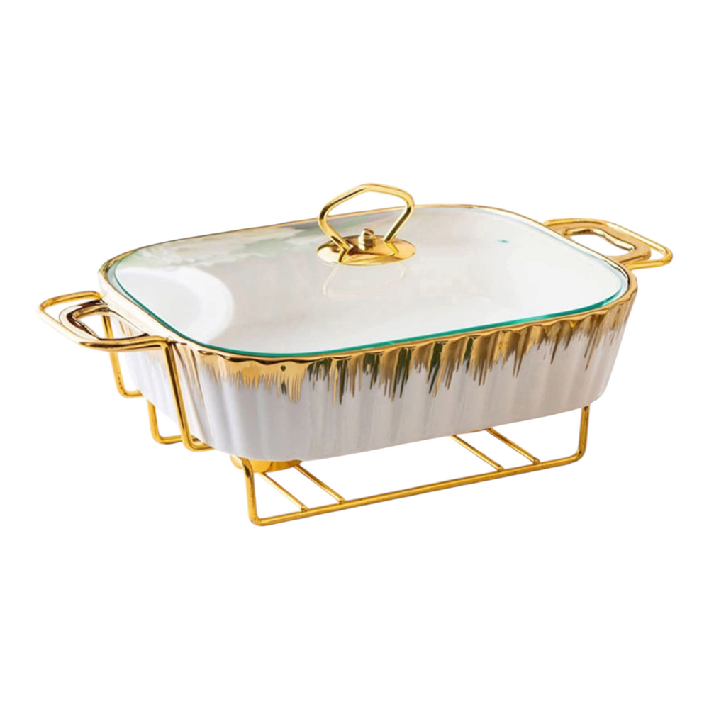 Refractario Pequeño con Tapa y Rack Calentador BORDE DORADO
