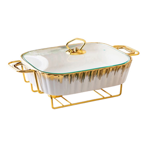 Refractario Pequeño con Tapa y Rack Calentador BORDE DORADO