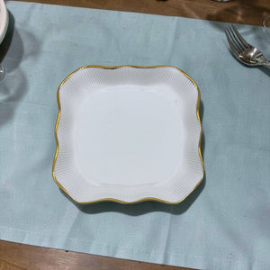 Plato Llano Rectangular Postre Blanco Liso Borde Dorado