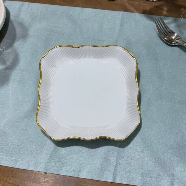 Plato Llano Rectangular Postre Blanco Liso Borde Dorado