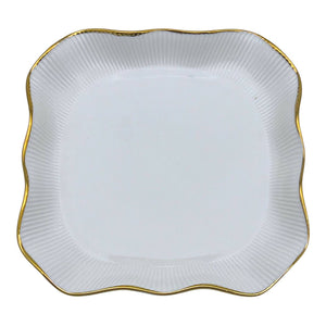Plato Llano Rectangular Postre Blanco Liso Borde Dorado