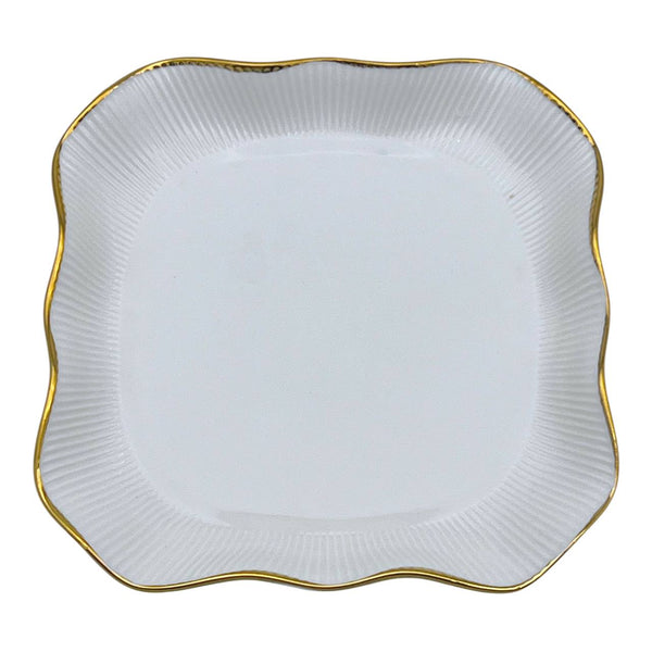 Plato Llano Rectangular Postre Blanco Liso Borde Dorado