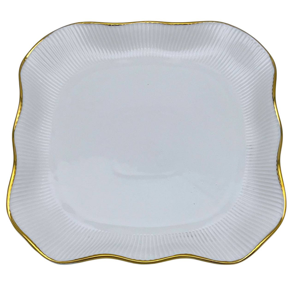 Plato Llano Rectangular Blanco Liso Borde Dorado