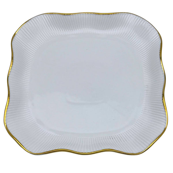 Plato Llano Rectangular Blanco Liso Borde Dorado