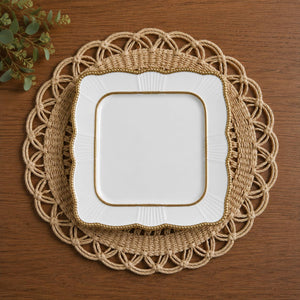 Plato Llano Rectangular Postre Blanco Calado Borde Dorado